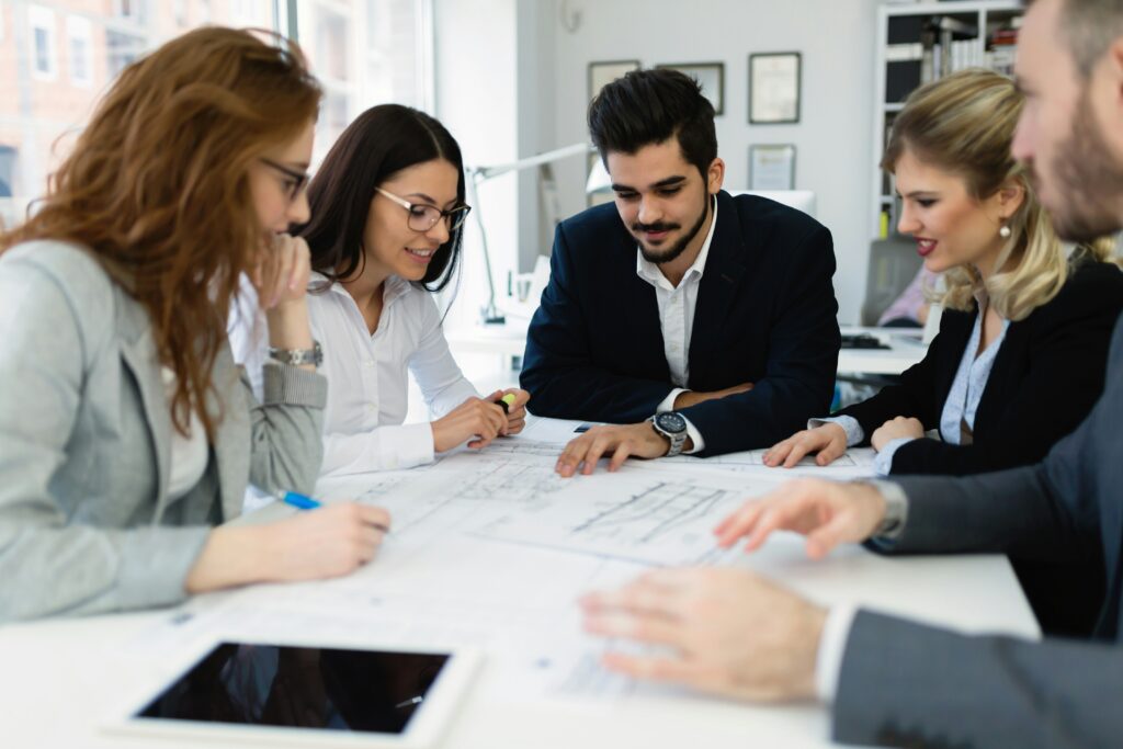 A team of business professionals in a meeting.