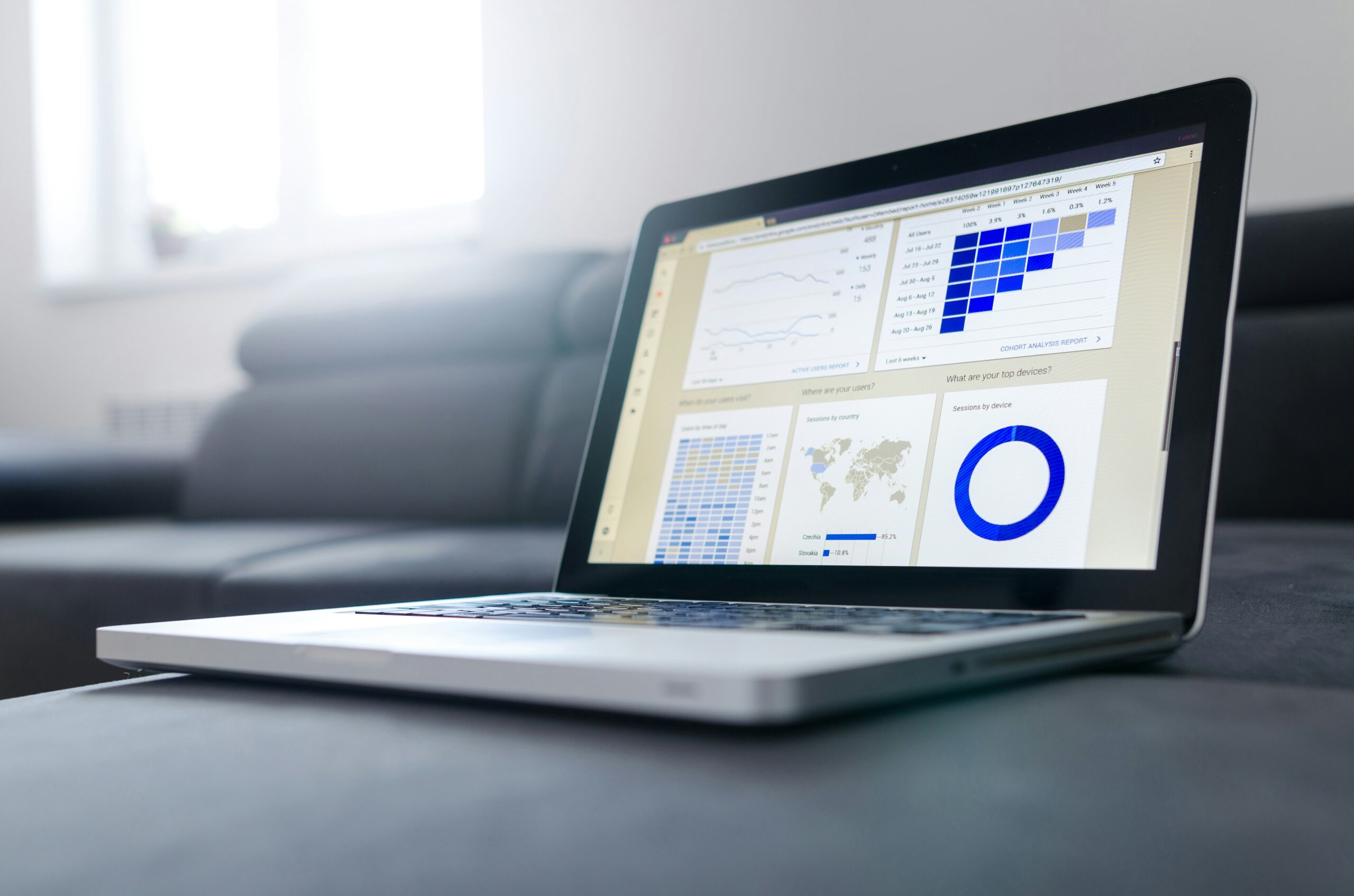 Laptop displaying analytics dashboard for tracking growth in a digital marketing side hustle and online business performance
