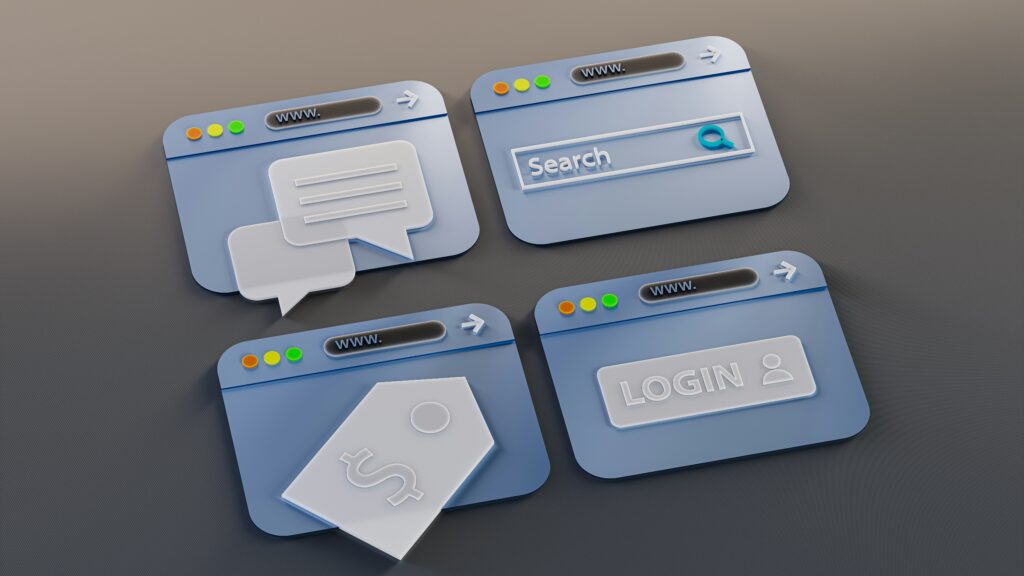 3D illustration of browser windows with search, chat, and login icons representing what a digital business is in 2026