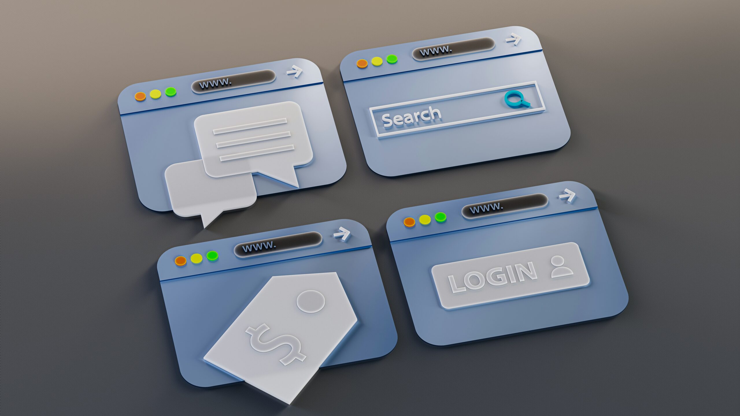 3D illustration of browser windows with search, chat, and login icons representing what a digital business is in 2026